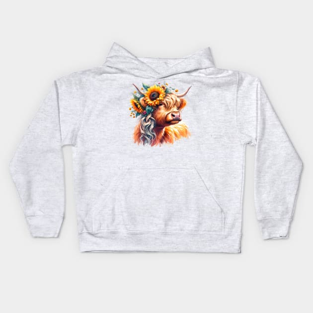 Highland Cow with Sunflower Crown Kids Hoodie by Ebony T-shirts